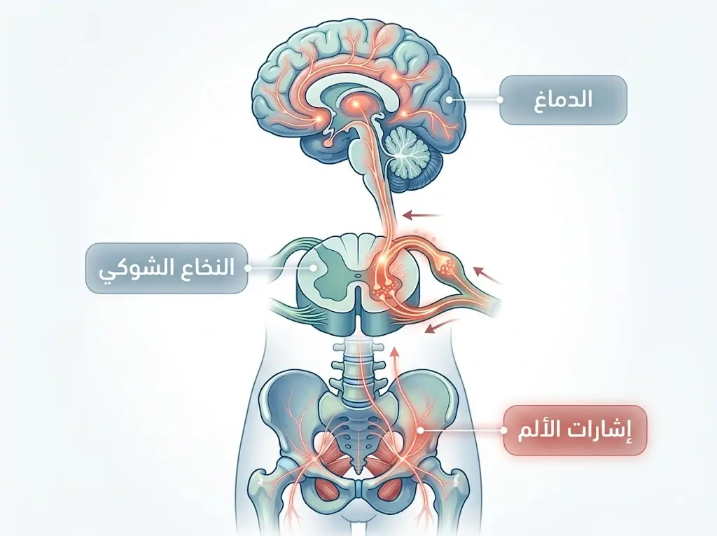 رسم طبي يشرح انتقال إشارات الألم من الحوض إلى النخاع الشوكي ثم الدماغ في التحسيس المركزي