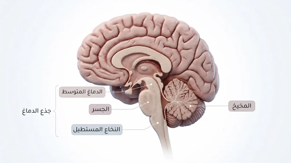 مقطع سهمي في الدماغ يوضح المخيخ وأجزاء جذع الدماغ الرئيسية
