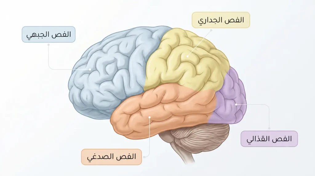 رسم واقعي لنصف الكرة المخية يحدد الفصوص الأربعة الرئيسية للدماغ