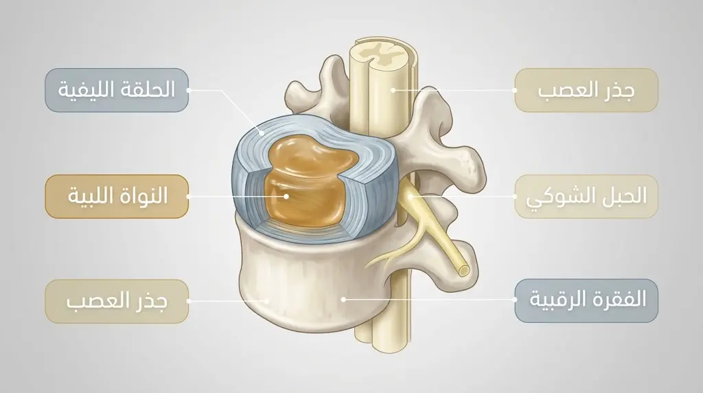 رسم توضيحي طبي واقعي يُظهر مقطعاً سهمياً للفقرات الرقبية مع تفاصيل القرص الغضروفي والحلقة الليفية والنواة اللبية والحبل الشوكي وجذر العصب