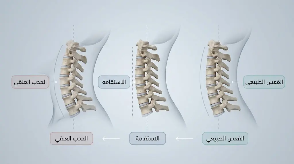 مقارنة ثلاثية الأبعاد بين الانحناء العنقي الطبيعي والاستقامة الحادة والحدب العنقي العكسي