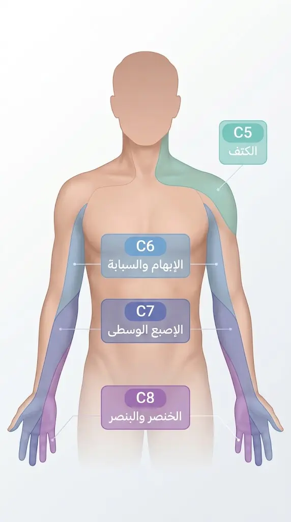 خريطة توزيع الألم الإشعاعي لجذور الأعصاب الرقبية C5 وC6 وC7 وC8 على الكتف والذراع واليد