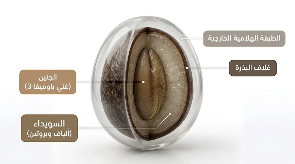 مقطع عرضي تشريحي مكبَّر لبذرة شيا واحدة يوضح الطبقة الهلامية الخارجية وغلاف البذرة والجنين الغني بأوميغا 3 والسويداء