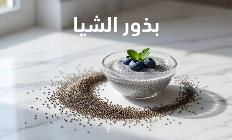 بذور الشيا مع بودينغ الشيا المنقوع في وعاء زجاجي على سطح رخامي أبيض مع التوت الأزرق وأوراق النعناع