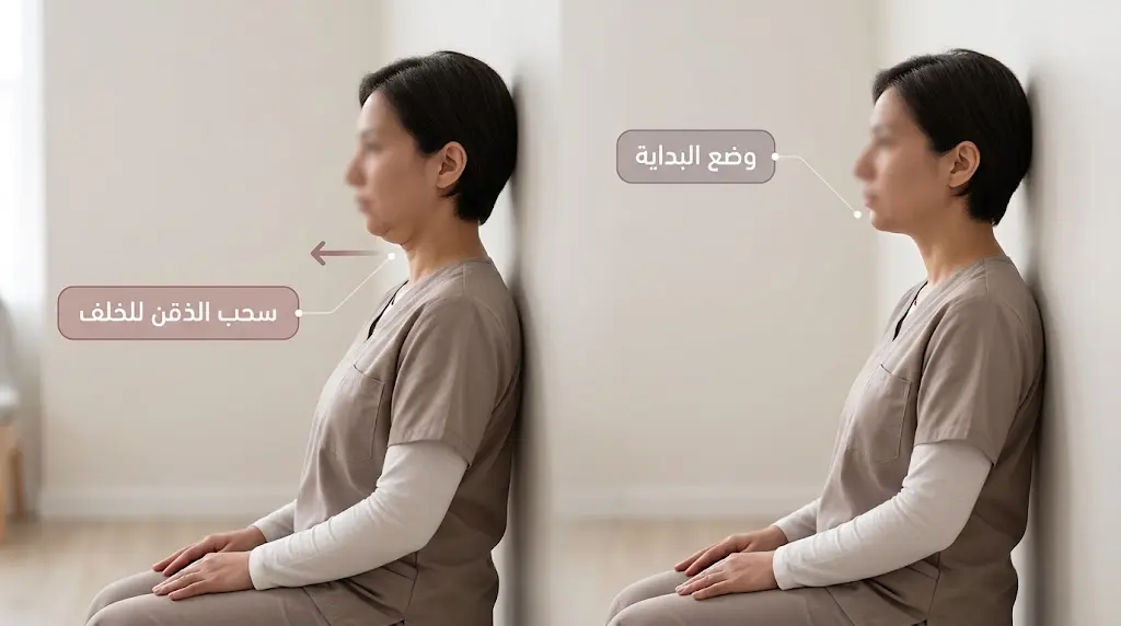 صورة واقعية توضح كيفية أداء تمرين الذقن المزدوج لعلاج الاستقامة الحادة للرقبة بخطوتين من وضع البداية إلى سحب الذقن للخلف