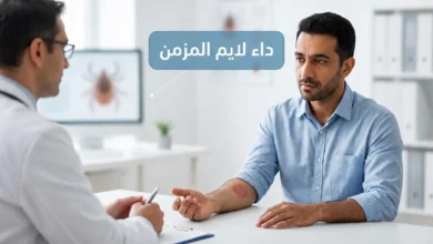 صورة غلاف واقعية لمريض يناقش أعراضًا مستمرة بعد علاج داء لايم مع طبيب داخل عيادة حديثة، مع عنوان داء لايم المزمن بالعربية