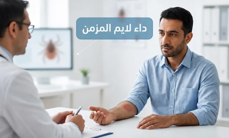 صورة غلاف واقعية لمريض يناقش أعراضًا مستمرة بعد علاج داء لايم مع طبيب داخل عيادة حديثة، مع عنوان داء لايم المزمن بالعربية