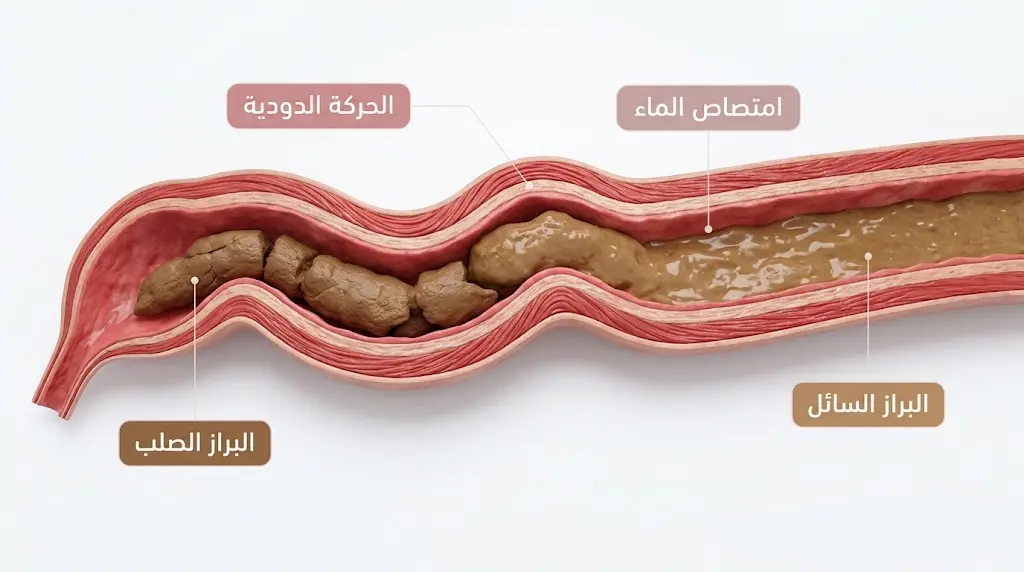 رسم طبي ثلاثي الأبعاد يوضح مقطعاً طولياً في القولون مع موجات الحركة الدودية وعملية امتصاص الماء التدريجي من البراز