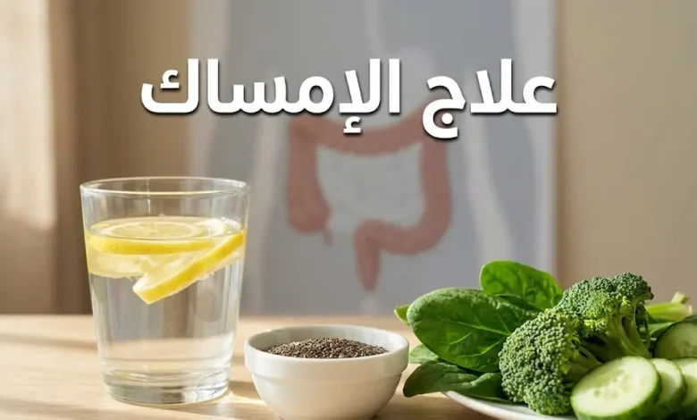 صورة غلاف لمقال علاج الإمساك تظهر فيها أطعمة غنية بالألياف مثل بذور الشيا والخضراوات مع كوب ماء في بيئة صحية مشرقة