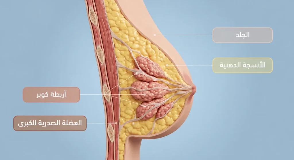 مقطع تشريحي واقعي يوضح الأنسجة الدهنية وأربطة كوبر والجلد والعضلة الصدرية الكبرى.
