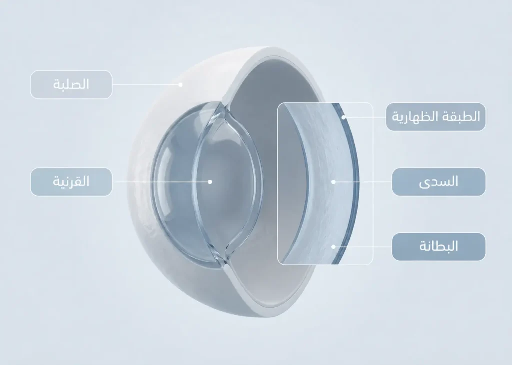مقطع تشريحي ثلاثي الأبعاد يوضح الصلبة والقرنية مع أبرز طبقات القرنية الأساسية