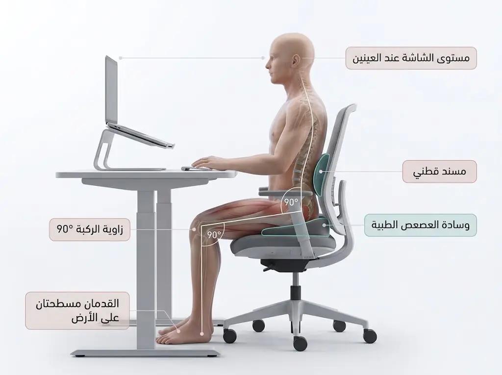 تصيير ثلاثي الأبعاد يوضح وضعية الجلوس المكتبي الصحيحة مع زوايا الجسم المثالية ووسادة العصعص الطبية والمسند القطني