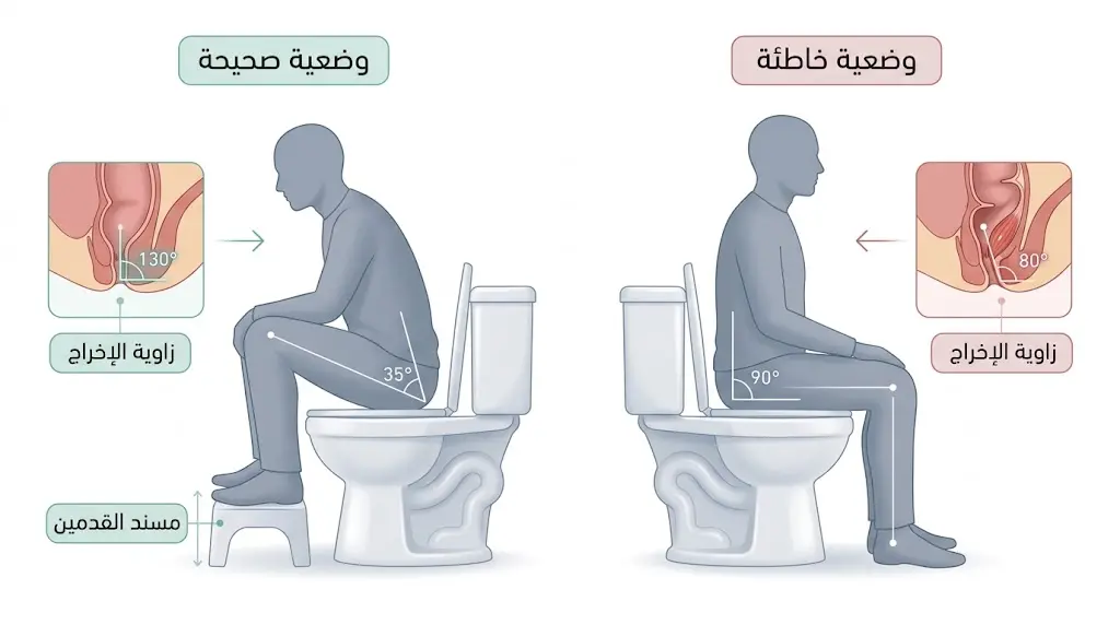 رسم طبي يقارن بين وضعية الجلوس الخاطئة بزاوية 90 درجة والوضعية الصحيحة مع مسند للقدمين وتأثير كل منهما على زاوية الإخراج