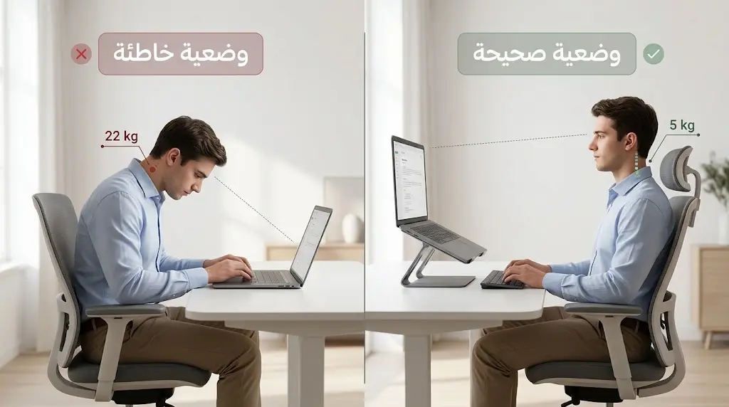 مقارنة واقعية بين وضعية الجلوس الصحيحة والخاطئة أمام الحاسوب مع توضيح الحمل على الفقرات الرقبية