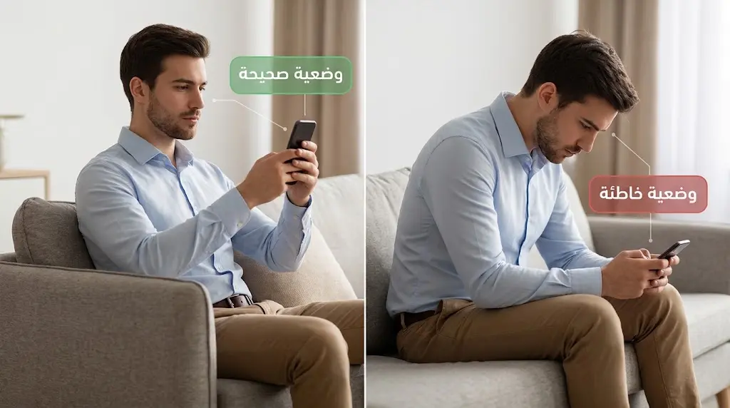 مقارنة واقعية بين الوضعية الخاطئة والصحيحة لاستخدام الهاتف الذكي وتأثيرها على انحناء الرقبة