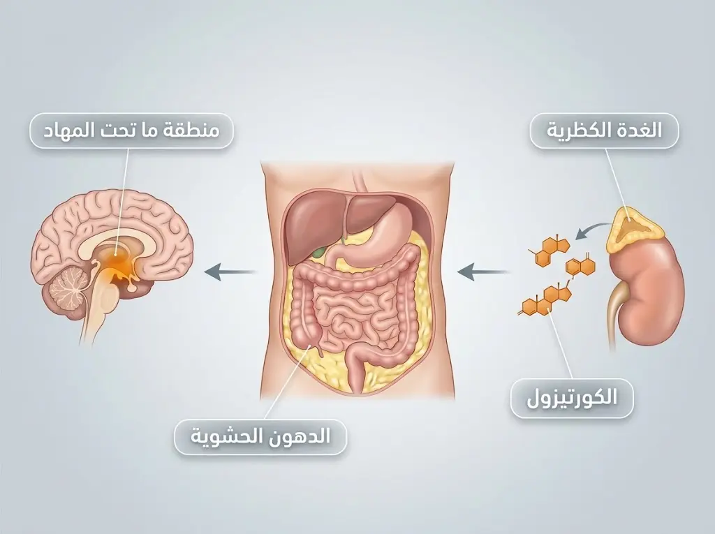 رسم طبي يوضح مسار الكورتيزول من الغدة الكظرية إلى تراكم الدهون الحشوية حول أعضاء البطن.