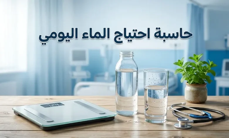 حاسبة احتياج الماء اليومي - زجاجة ماء وكوب شفاف مع ميزان طبي على طاولة خشبية