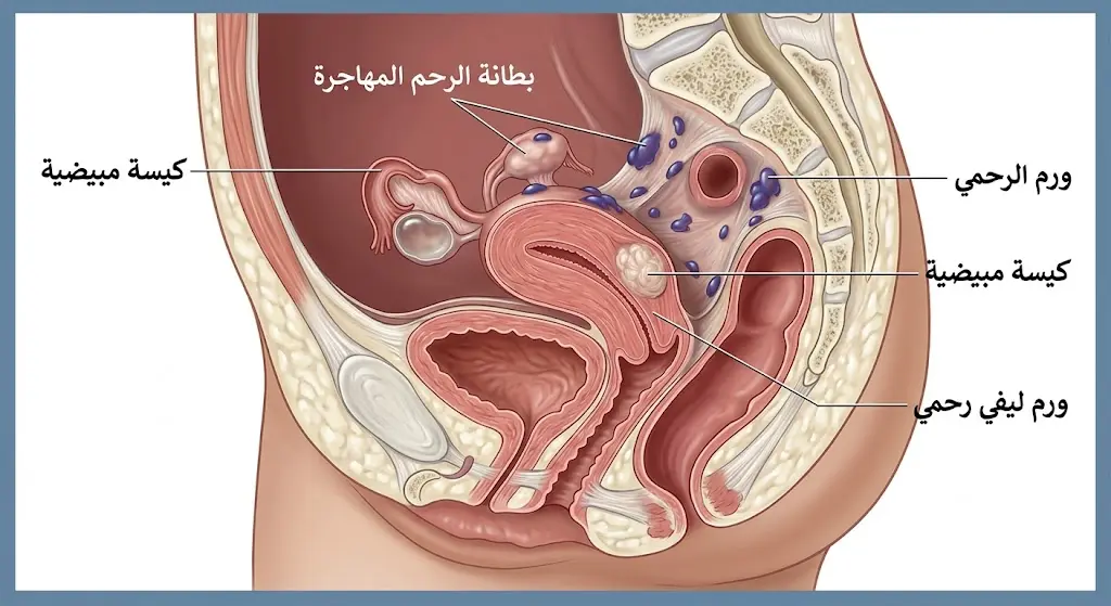 رسم طبي يوضح أبرز الأسباب الحوضية للألم العميق أثناء الجماع مثل بطانة الرحم المهاجرة وكيسة المبيض والورم الليفي