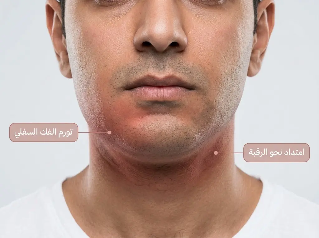 وجه مريض يُظهر تورماً في الفك السفلي والرقبة بسبب انتشار خراج سنّي