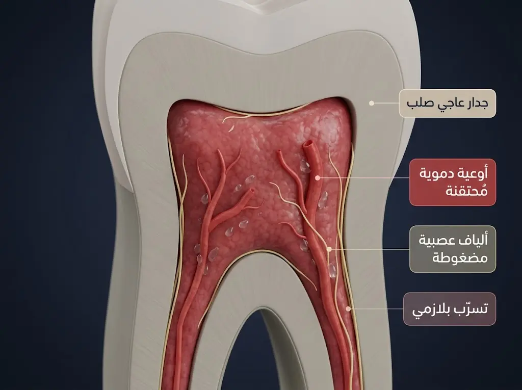 مقطع مجهري ثلاثي الأبعاد يُظهر الضغط المتصاعد داخل غرفة اللبّ السني الملتهبة