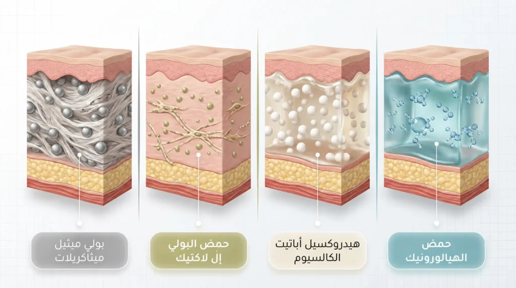 رسم ثلاثي الأبعاد واقعي يعرض أربعة أنواع من مواد الفيلر تحت المجهر: حمض الهيالورونيك وهيدروكسيل أباتيت الكالسيوم وحمض البولي إل لاكتيك وبولي ميثيل ميثاكريلات