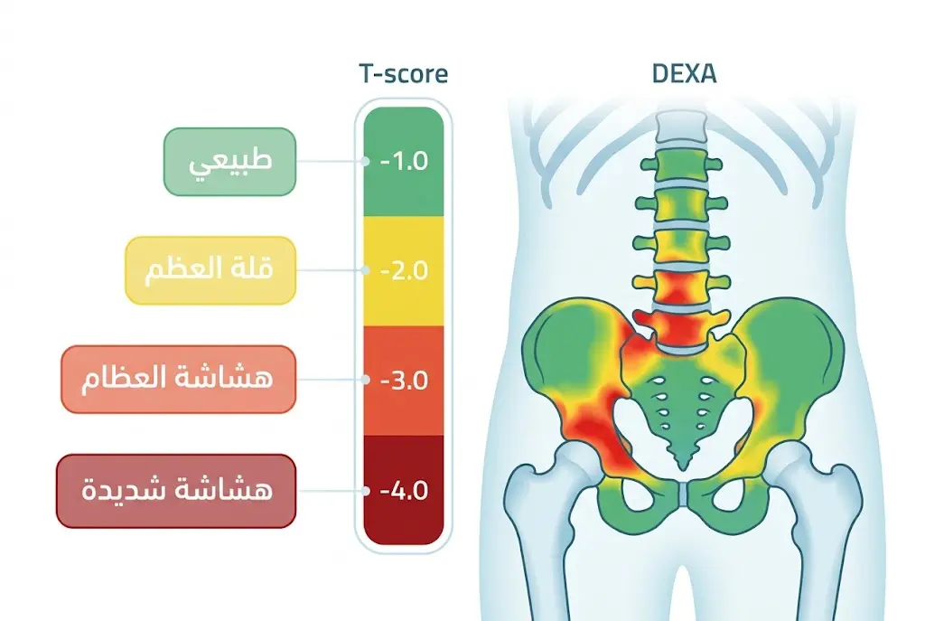 رسم توضيحي طبي يفسر نتائج فحص كثافة العظام DEXA عبر مقياس T-score بألوان تدرجية من الأخضر إلى الأحمر