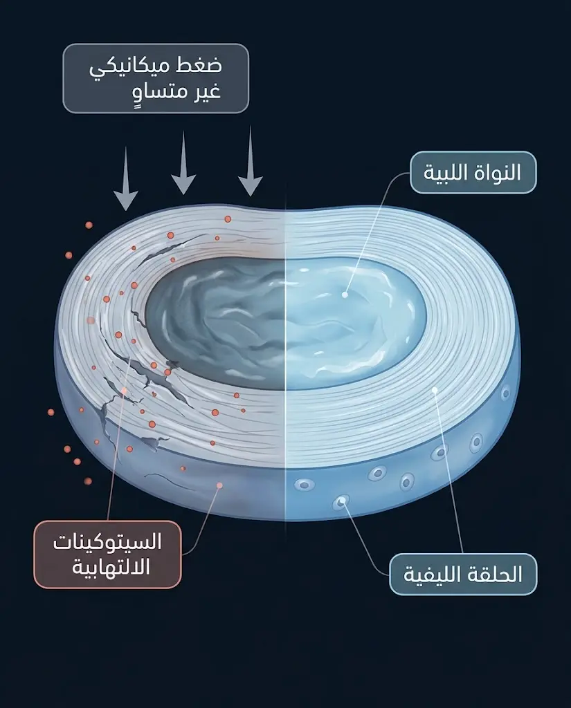 رسم طبي مقطعي يُظهر القرص الغضروفي بين الفقرات في حالتيه السليمة والمتنكسة مع إبراز السيتوكينات الالتهابية والضغط الميكانيكي غير المتساوي