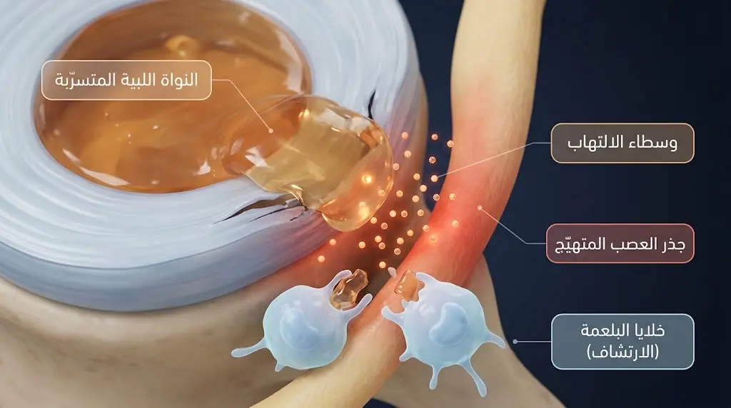 رسم طبي يوضح الآلية الالتهابية البيوكيميائية عند انزلاق القرص الغضروفي الرقبي مع وسطاء الالتهاب وخلايا البلعمة