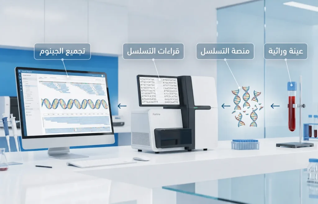 مخطط طبي واقعي يشرح خطوات تسلسل الحمض النووي من العينة حتى تجميع الجينوم