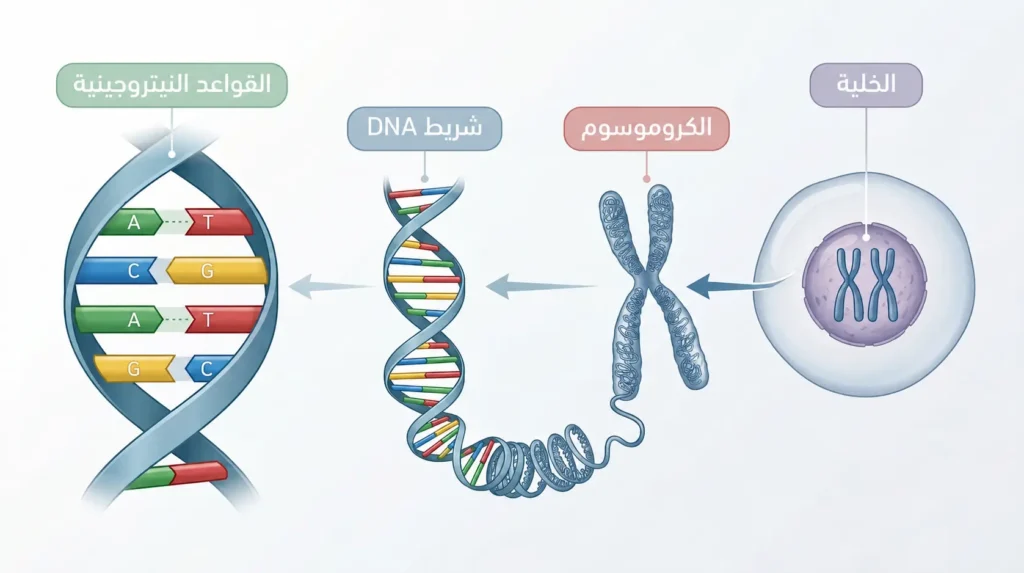 رسم توضيحي طبي واقعي يُظهر التسلسل الهرمي من الخلية إلى الكروموسوم ثم شريط DNA وصولاً إلى القواعد النيتروجينية الأربع.