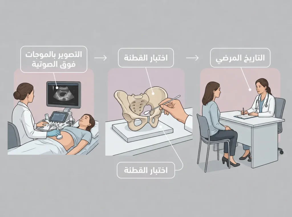 مخطط طبي يوضح خطوات تشخيص ألم الجماع من القصة المرضية إلى اختبار القطنة ثم التصوير بالأمواج فوق الصوتية