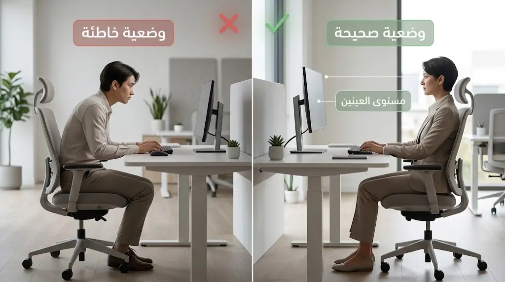 مقارنة بصرية بين الوضعية المكتبية الارغونومية الصحيحة والخاطئة للوقاية من استقامة الرقبة