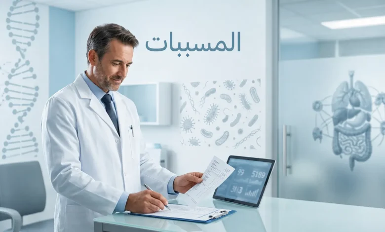 طبيب في عيادة حديثة يراجع أسباب المرض الجذرية ضمن صورة غلاف لمقال عن المسببات
