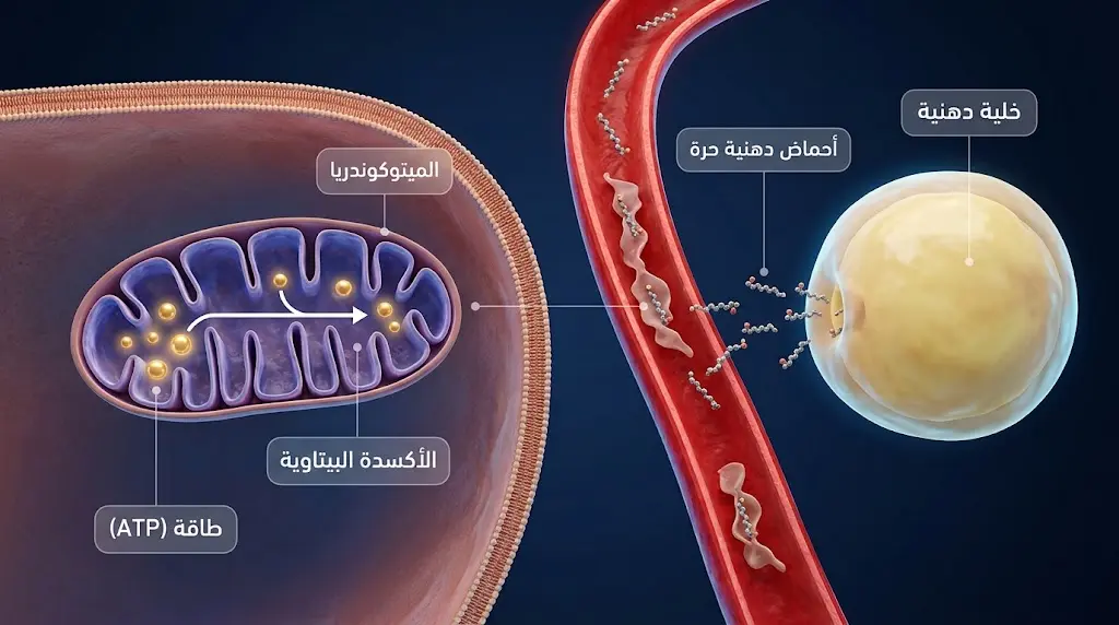 رسم ثلاثي الأبعاد يوضح مسار حرق الدهون من الخلية الدهنية عبر مجرى الدم إلى الميتوكوندريا وإنتاج الطاقة بالأكسدة البيتاوية.