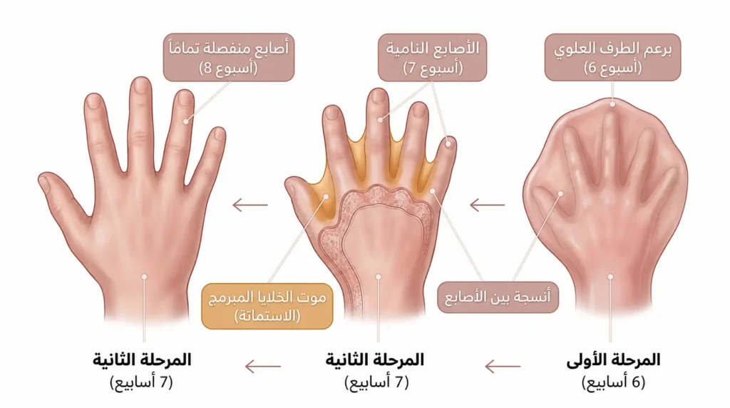 رسم طبي يوضح مراحل انفصال أصابع الجنين عبر الموت المبرمج للخلايا خلال الأسابيع 6-8 من الحمل