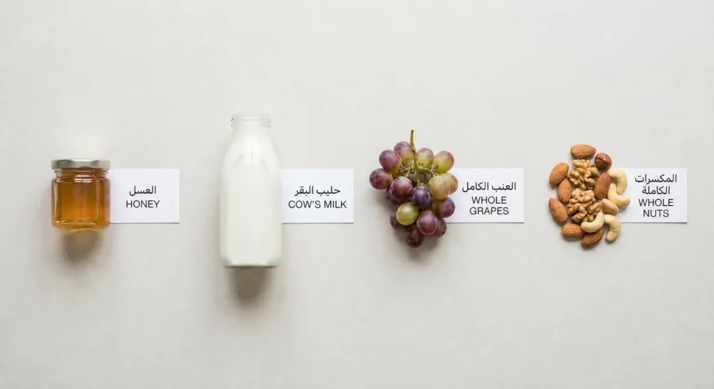 لقطة غذائية توضح أبرز الأطعمة الممنوعة على الرضيع قبل إتمام عامه الأول