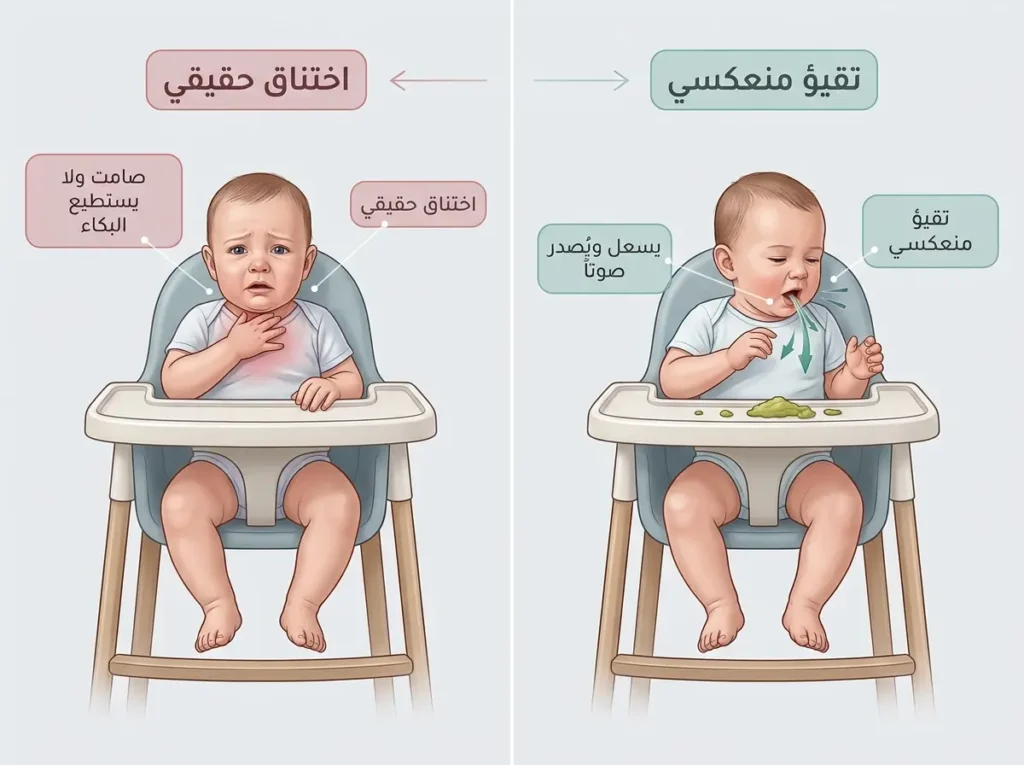 مقارنة طبية نظيفة بين التقيؤ المنعكسي الطبيعي والاختناق الحقيقي عند الرضيع أثناء الأكل الذاتي