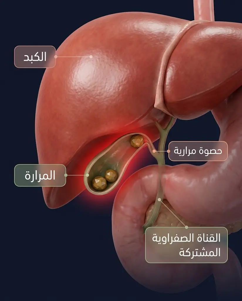 رسم ثلاثي الأبعاد واقعي يُظهر الكبد والمرارة مع حصوة تسد القناة المرارية والقناة الصفراوية المشتركة