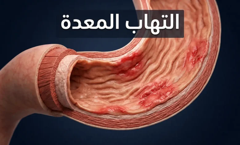 صورة غلاف توضيحية ثلاثية الأبعاد تُظهر مقطعاً عرضياً لجدار المعدة مع غشاء مخاطي ملتهب ومتهيّج، مع عنوان "التهاب المعدة" بالعربية.