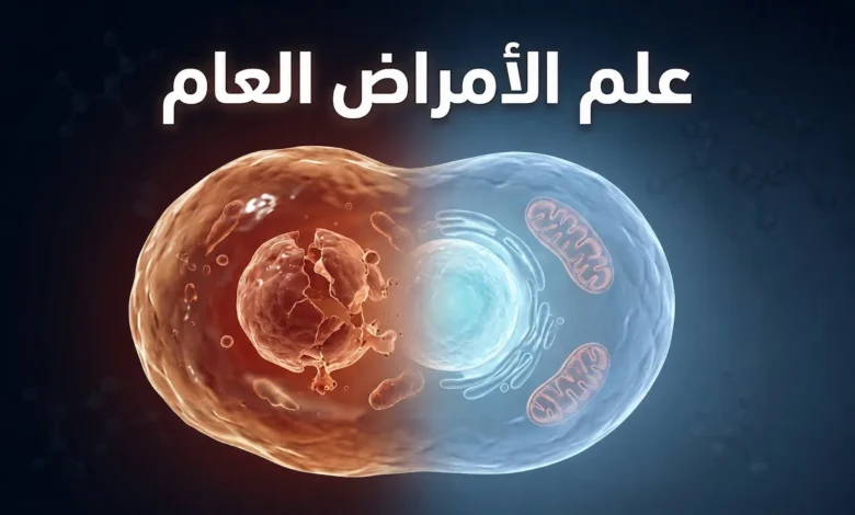 صورة غلاف ثلاثية الأبعاد واقعية تُظهر خلية بشرية تنتقل من حالة سليمة إلى حالة متضررة مع عنوان علم الأمراض العام