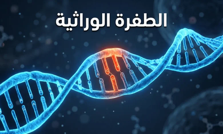 صورة غلاف ثلاثية الأبعاد واقعية تُظهر شريط DNA مزدوج الحلزون مع تمييز موقع طفرة نقطية بلون مختلف تمثّل الطفرة الوراثية.