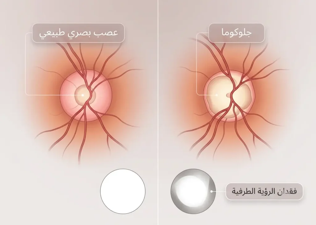 مقارنة بصرية بين العصب البصري الطبيعي وتغيرات الجلوكوما مع مثال على فقدان الرؤية الطرفية