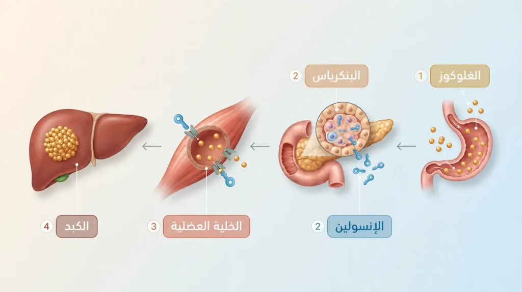 رسم طبي واقعي يوضح آلية تنظيم سكر الدم في الجسم من امتصاص الغلوكوز إلى إفراز الإنسولين من البنكرياس ودخوله للخلايا وتخزين الفائض في الكبد.