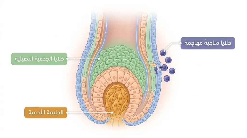 رسم تشريحي خلوي يُظهر بنية بصيلة الشعر والخلايا الجذعية والحليمة الأدمية وهجوم الخلايا المناعية