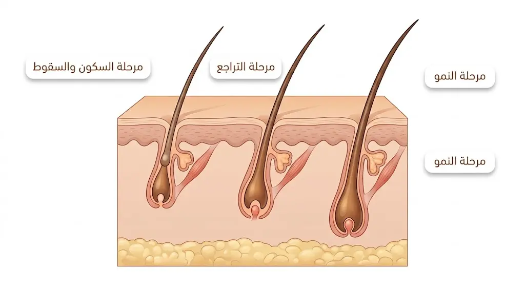 رسم تشريحي لدورة حياة الشعرة يُظهر مرحلة النمو والتراجع والسكون في ثلاثة جُرَيبات جانبية