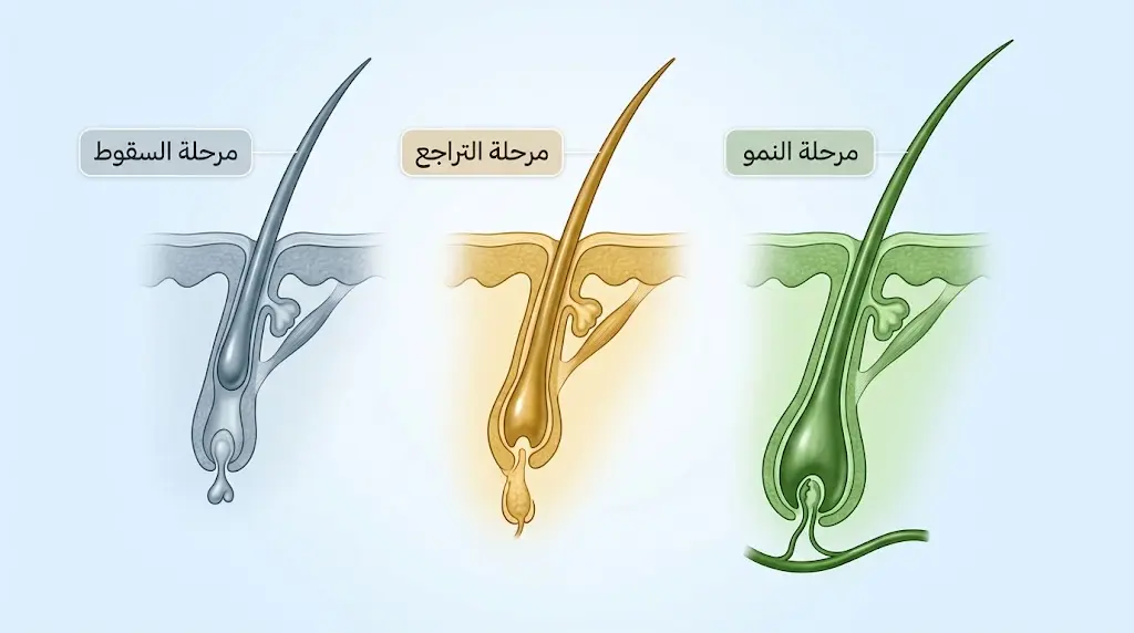 رسم طبي يوضح مراحل دورة حياة الشعرة الثلاث: النمو والتراجع والسقوط