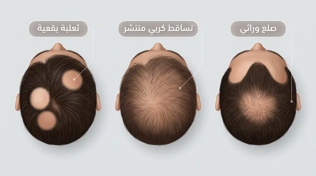 مقارنة سريرية بصرية بين ثلاثة أنماط لتساقط الشعر: الصلع الوراثي والتساقط الكربي والثعلبة البقعية