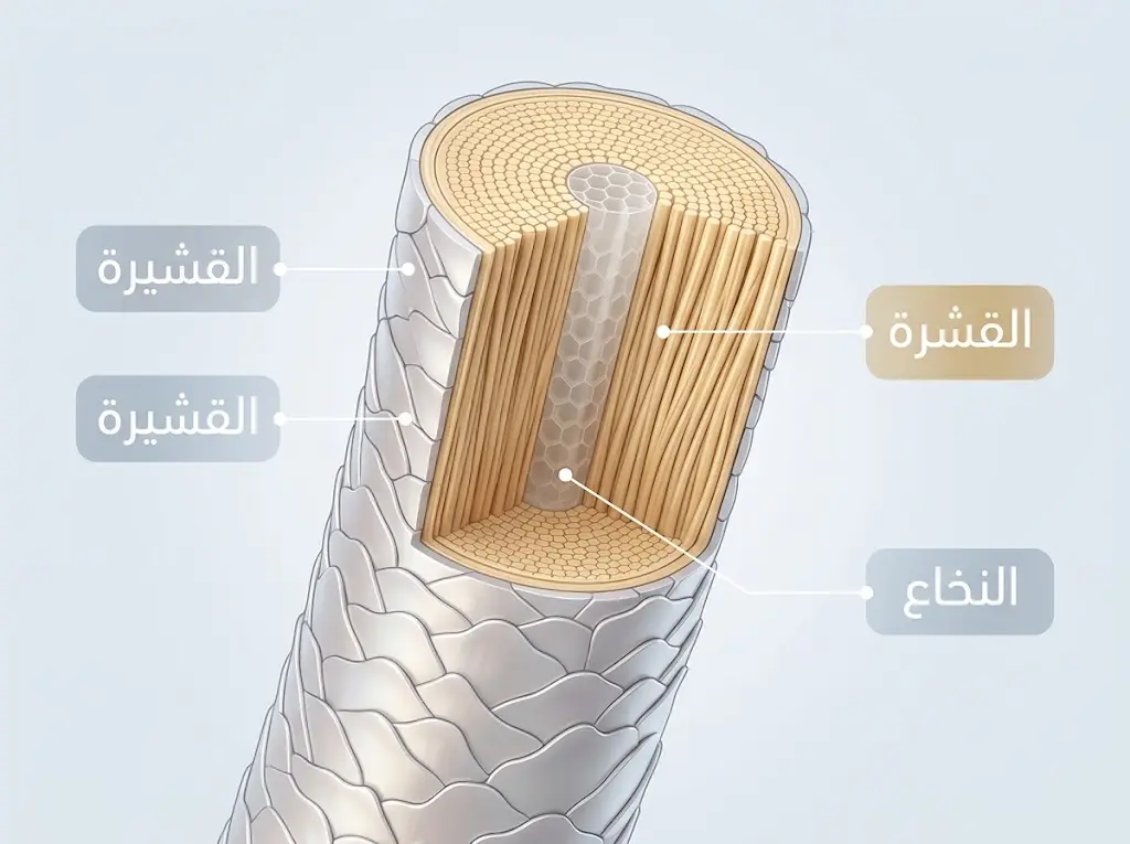 رسم تشريحي مقطعي يوضح طبقات الشعرة البشرية الثلاث: القشيرة والقشرة والنخاع