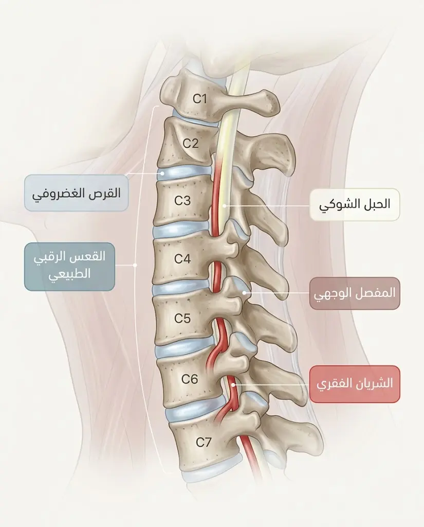 رسم تشريحي طبي يُظهر العمود الفقري العنقي السليم من الجانب مع الفقرات السبع والأقراص الغضروفية والحبل الشوكي والمفاصل الوجهية والشريان الفقري