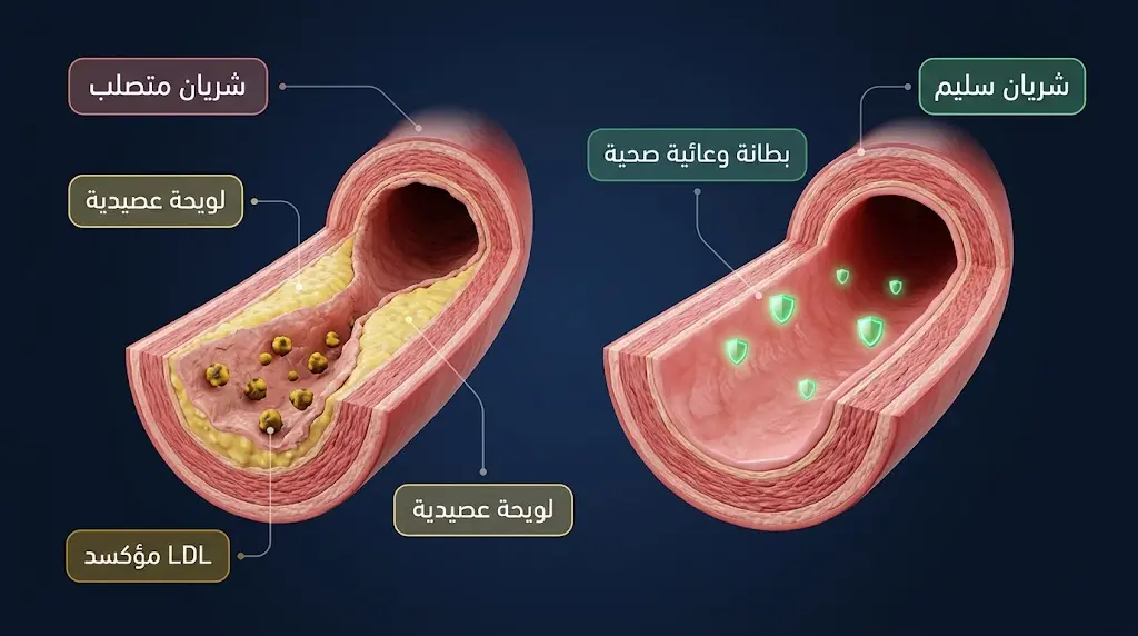 مقارنة ثلاثية الأبعاد بين شريان سليم ببطانة ناعمة وشريان متصلب بتراكم لويحات عصيدية و LDL مؤكسد توضح آلية حماية زيت الزيتون للشرايين